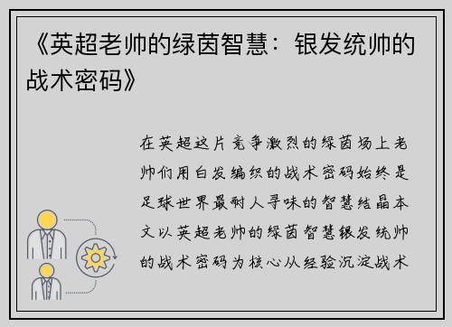 《英超老帅的绿茵智慧：银发统帅的战术密码》