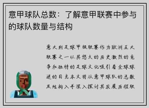 意甲球队总数：了解意甲联赛中参与的球队数量与结构