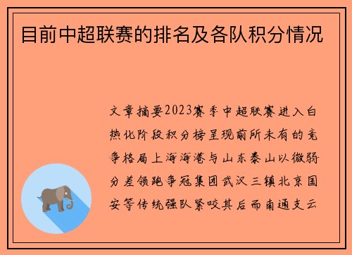 目前中超联赛的排名及各队积分情况