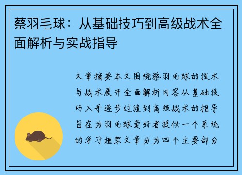 蔡羽毛球：从基础技巧到高级战术全面解析与实战指导